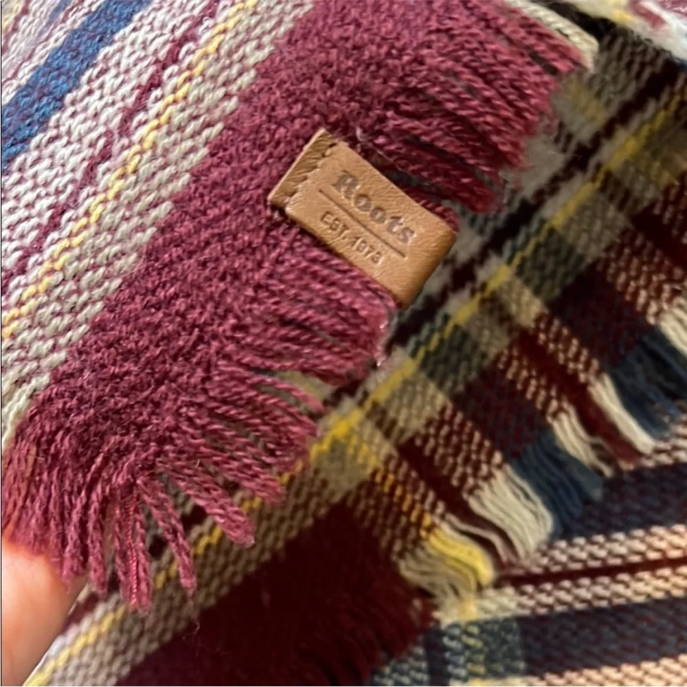 Roots | Size 45”x45” Burgundy, Blue, Yellow & White Plaid Scarf/Shawl - Picture 2 of 7